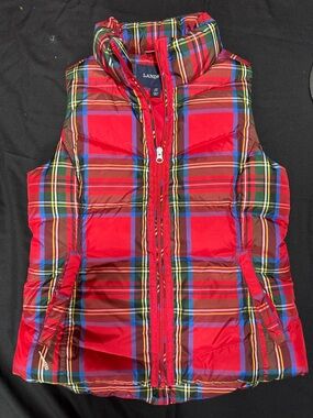 Lands' End Women’s Red Plaid Tartan Quilted Down Filled Full Zip Vest XS